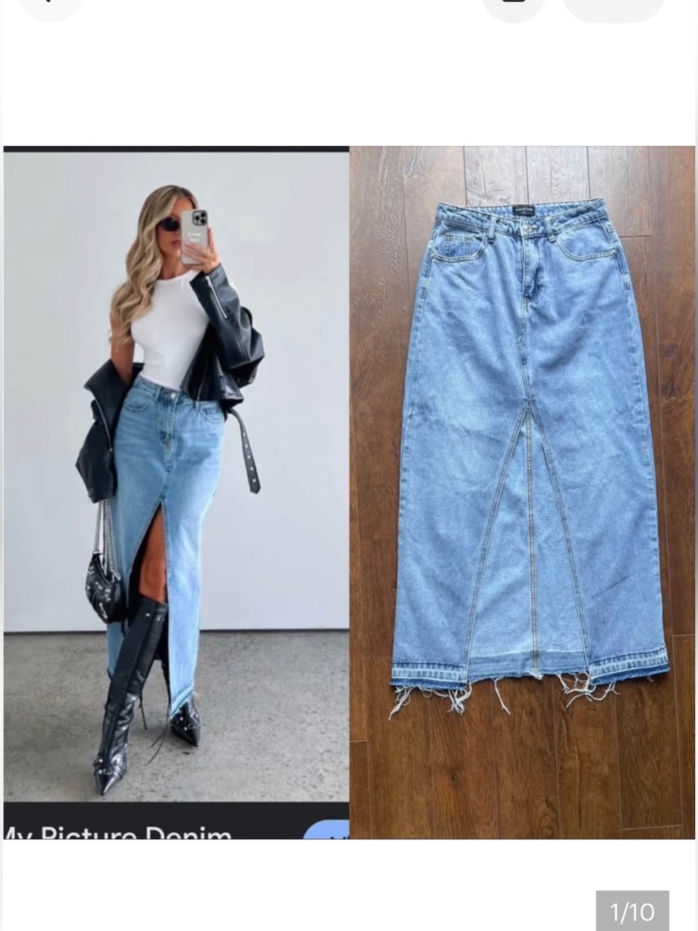 New White Fox Viral Denim Front Slit Midi Denim Skirt. Small